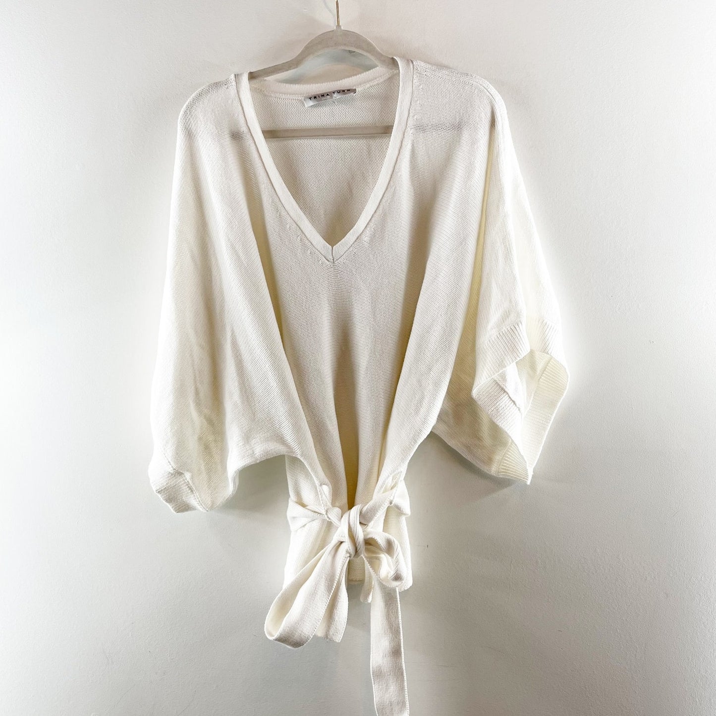 Trina Turk 100% Cotton Dolman Sleeve V-Neck Tie Waist Knit Sweater Top Cream XL