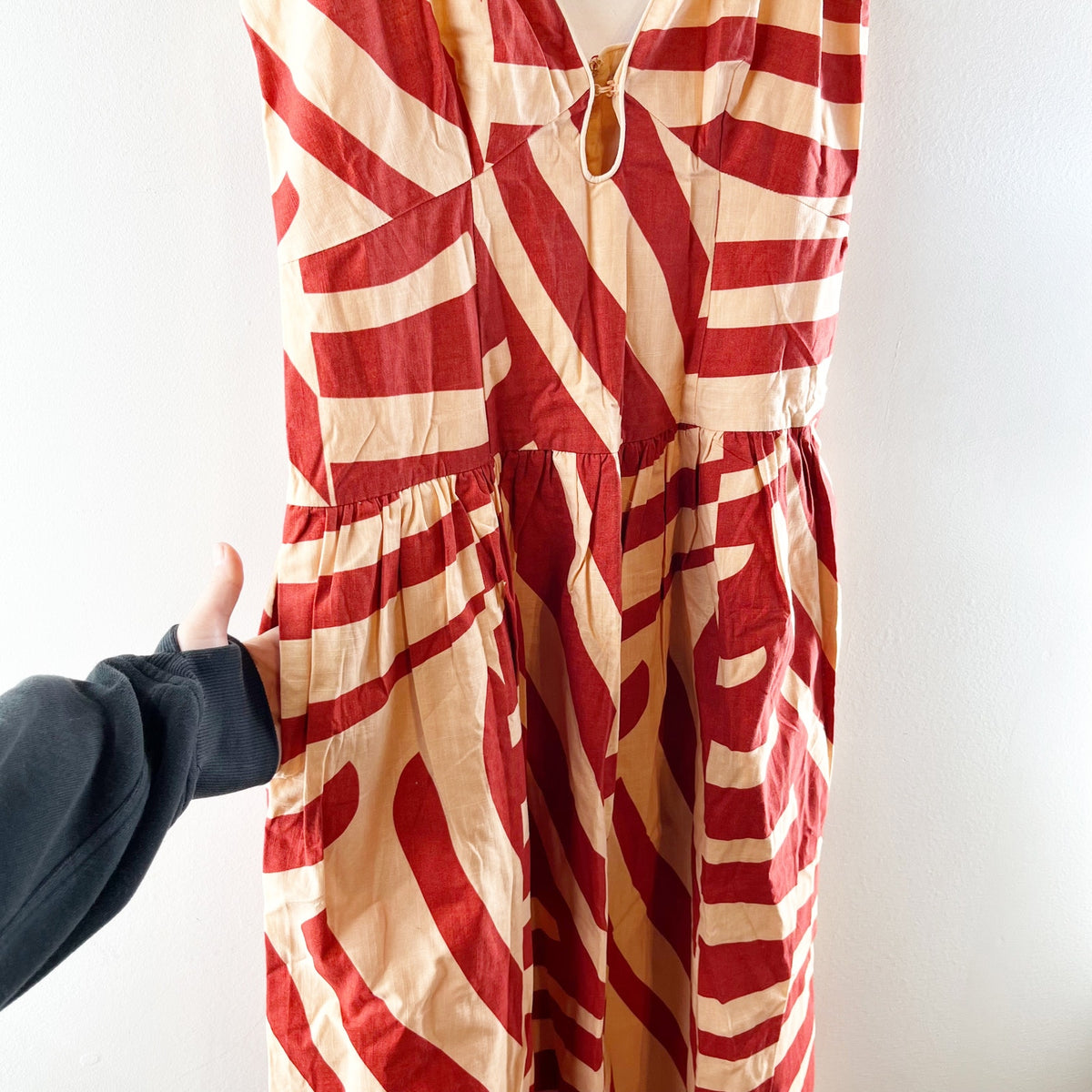 Mon Renn Geometric Cotton Drop Waist Midi Dress Maroon Red Medium