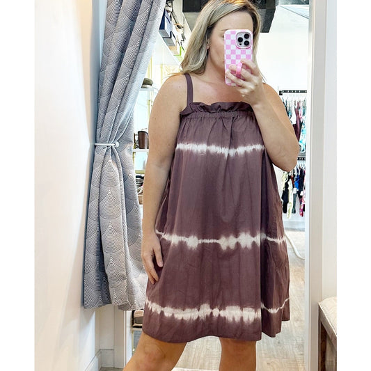 Othilia Square Neck Babydoll Tunic Tie Dye Stripe Boho Mini Dress Brown 2