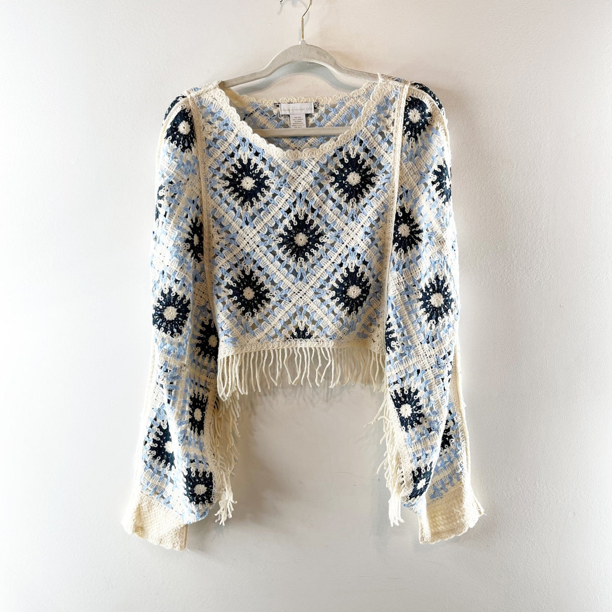 House of Harlow Long Sleeve Fringe Trim Granny Square Crochet Sweater Blue OS