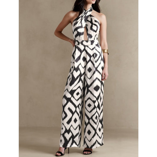 Banana Republic Ascendant Silk Geo Print Halter Cutout Jumpsuit White Black 6