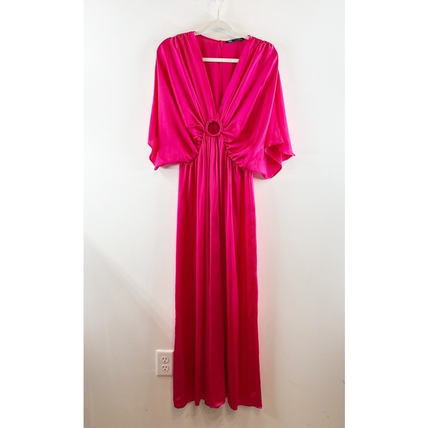Zara Plunging V-Neck Pleated Wide Leg Buckle Jumpsuit Hot Pink Medium