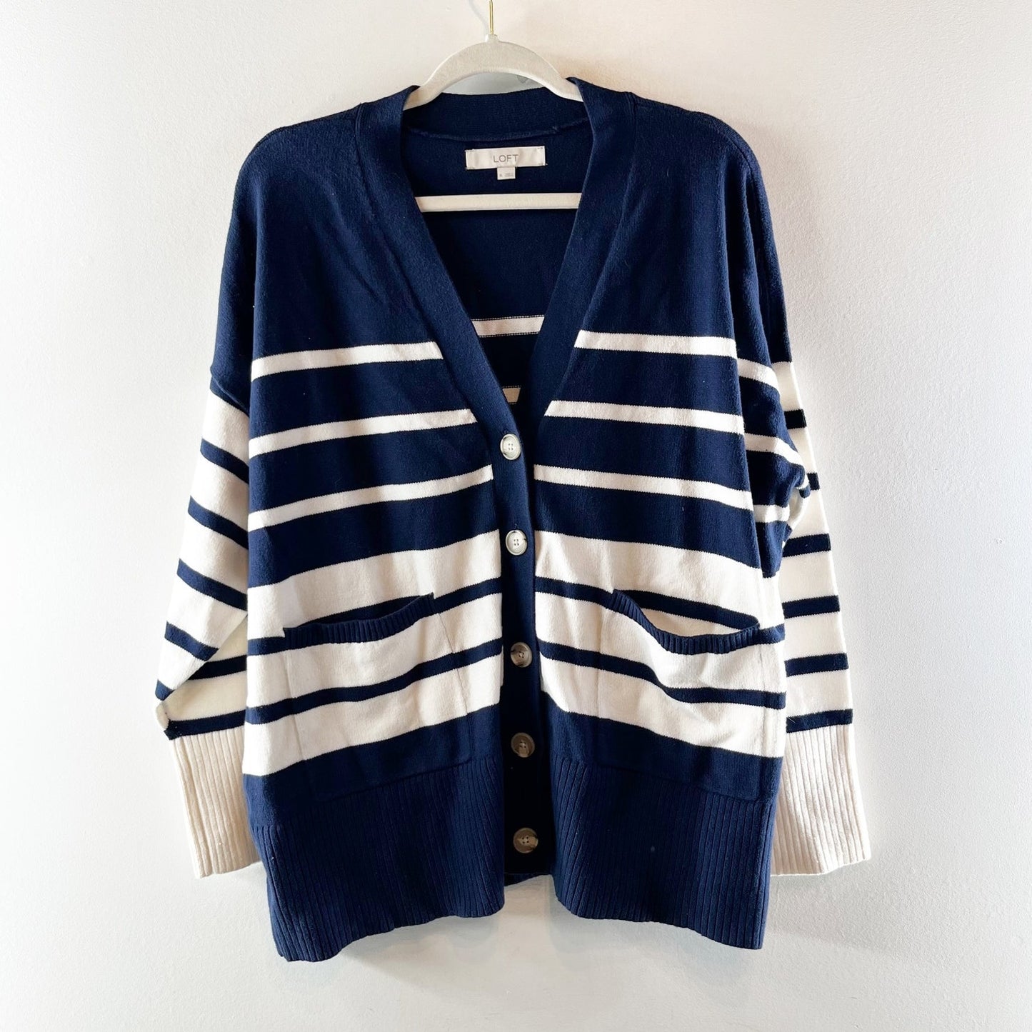 LOFT Cotton Blend Long Sleeve V Neck Striped Cardigan Sweater Navy Blue White XL