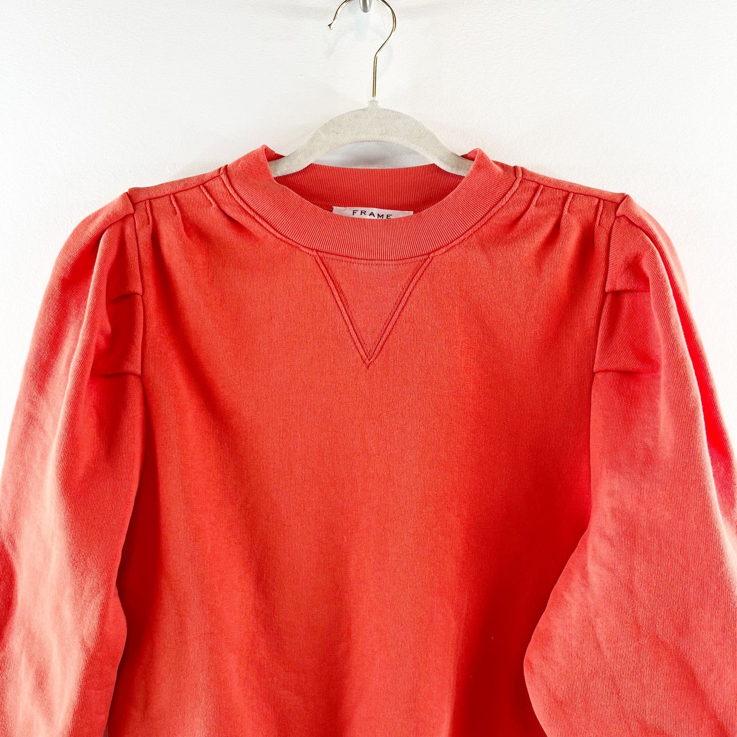 Frame Cotton Blend Shirred Puff Sleeve Crew Neck Pullover Sweatshirt Orange M