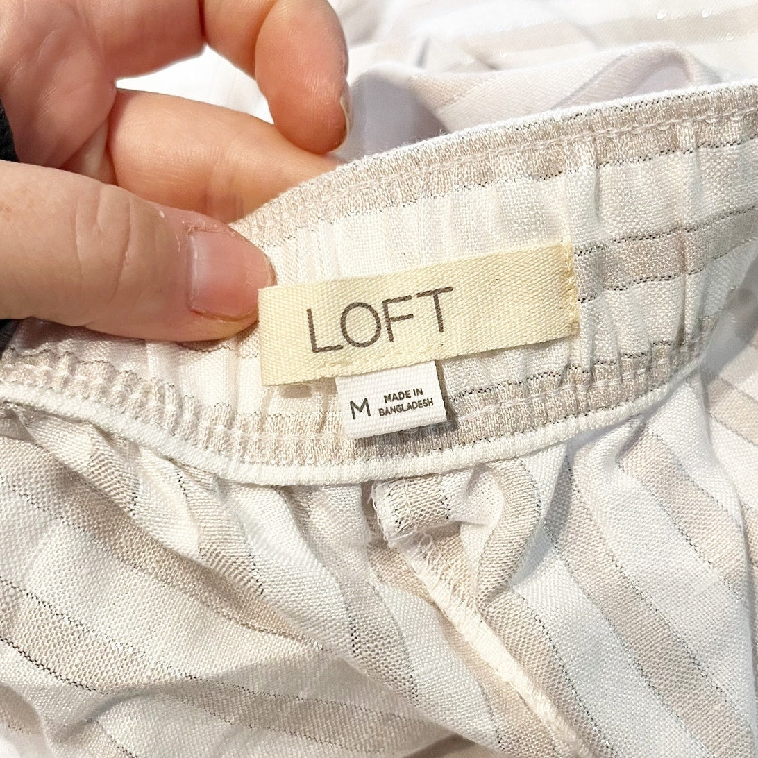 LOFT Linen Blend High Rise Wide Leg Striped Pants Cream Tan Beige Medium