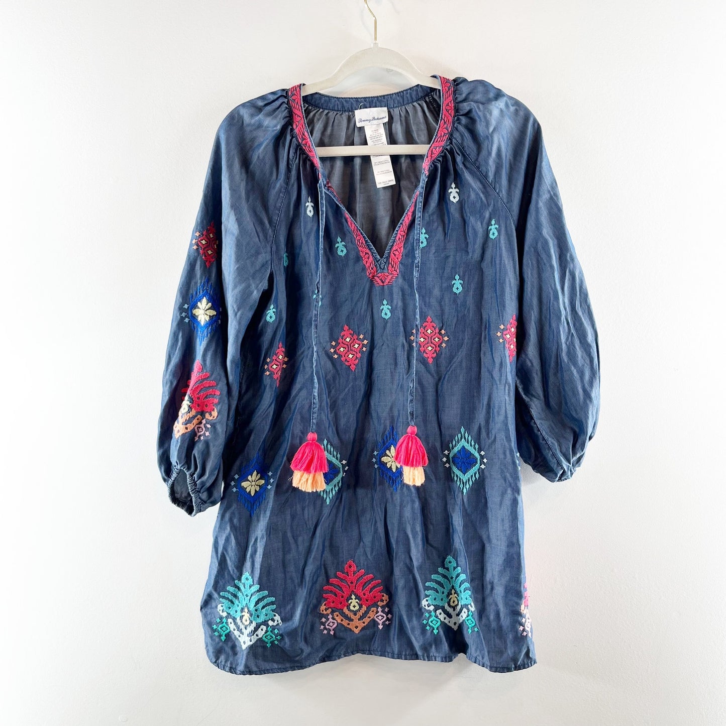 Tommy Bahama Long Sleeve V Neck Embroidered Tunic Mini Dress Chambray Blue XS