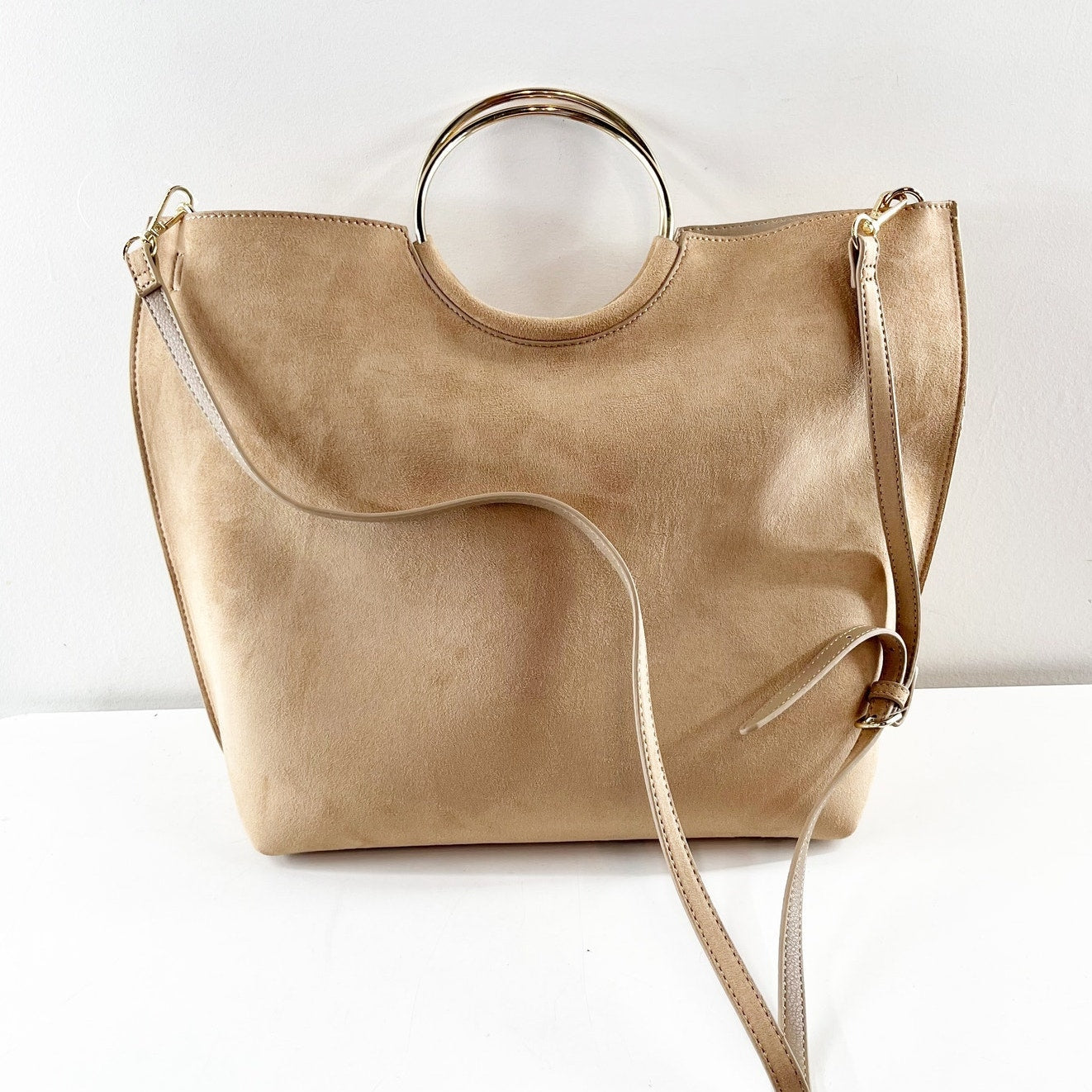 Banana Republic Suede Gold Round Handle Crossbody Tote Purse Bag Tan
