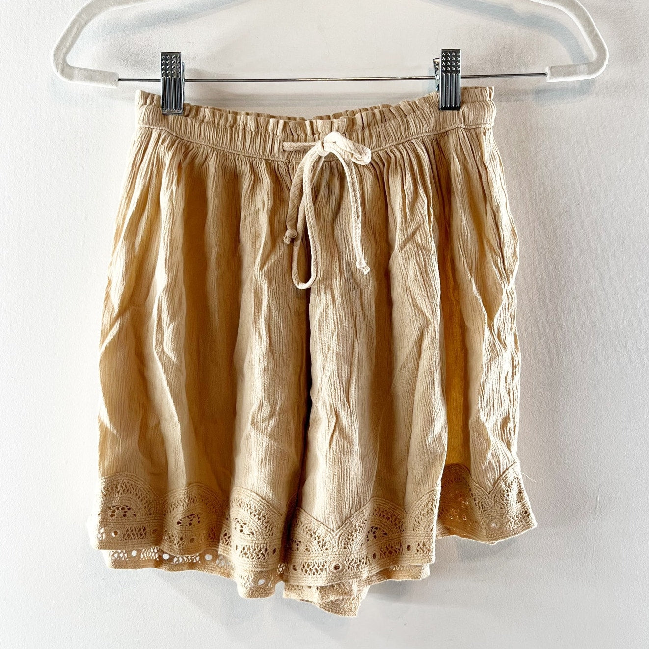 Aerie Off Duty Gauze Boxer Crochet Lace Trim Shorts Koko Brown Tan Beige XS
