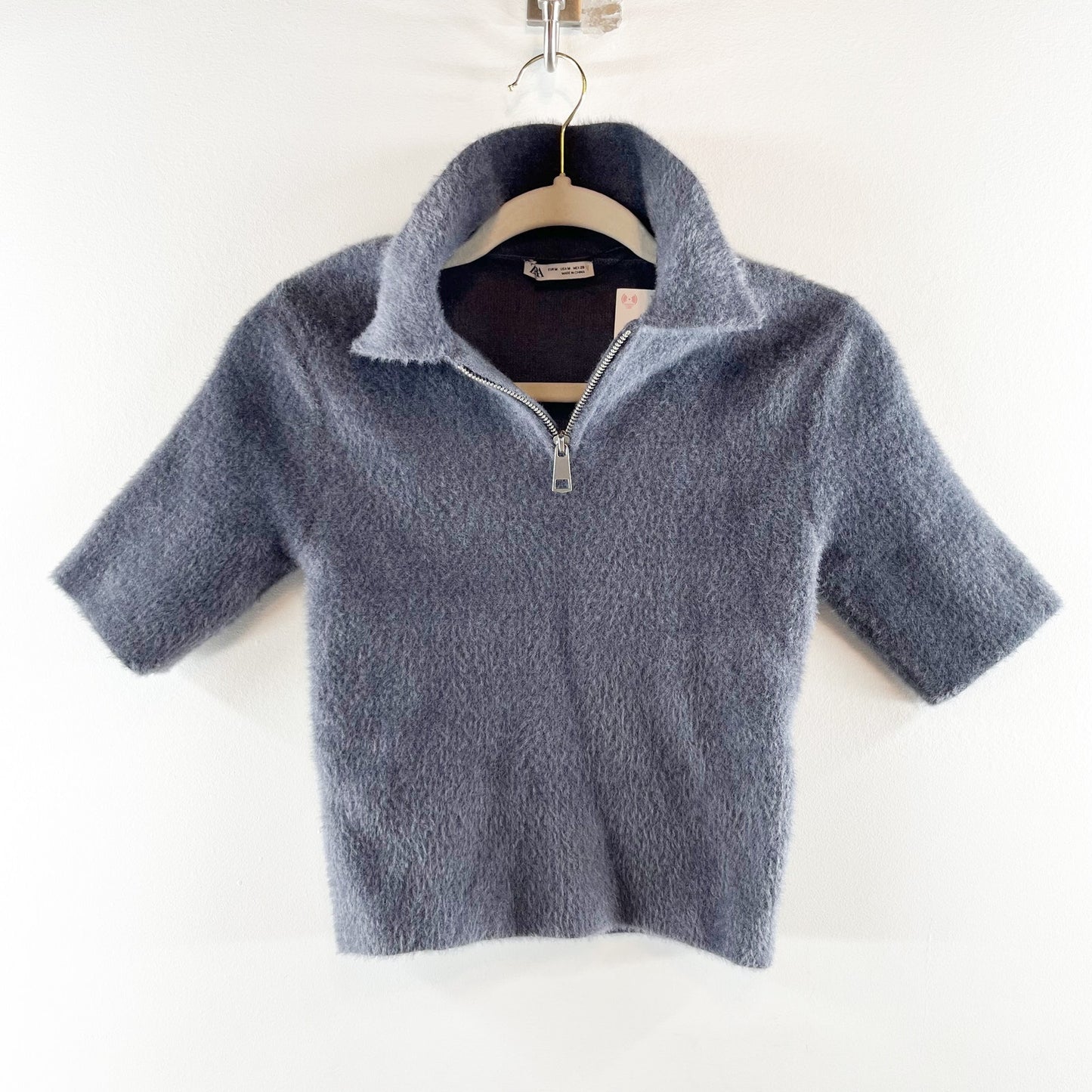 Zara Short Sleeve 1/4 Zip Collared Cropped Faux Polo Top Charcoal Gray Medium