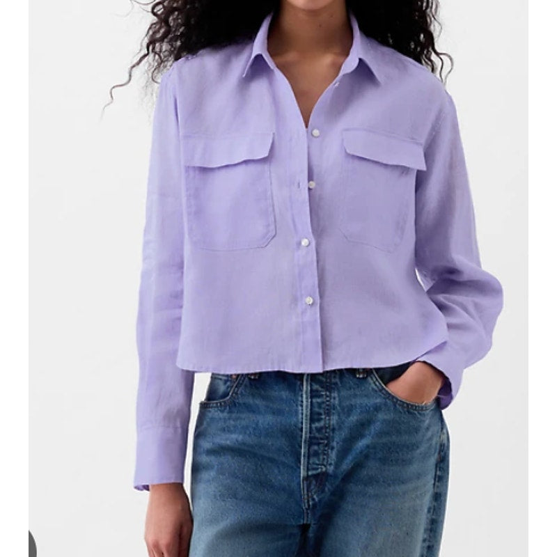 GAP Linen Long Sleeve Cropped Button Down Shirt Lavender Purple Medium