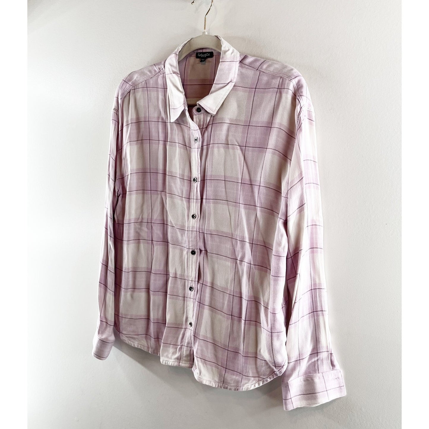 Splendid Keepsake Plaid Long Sleeve Button Down Shirt White Pink Medium