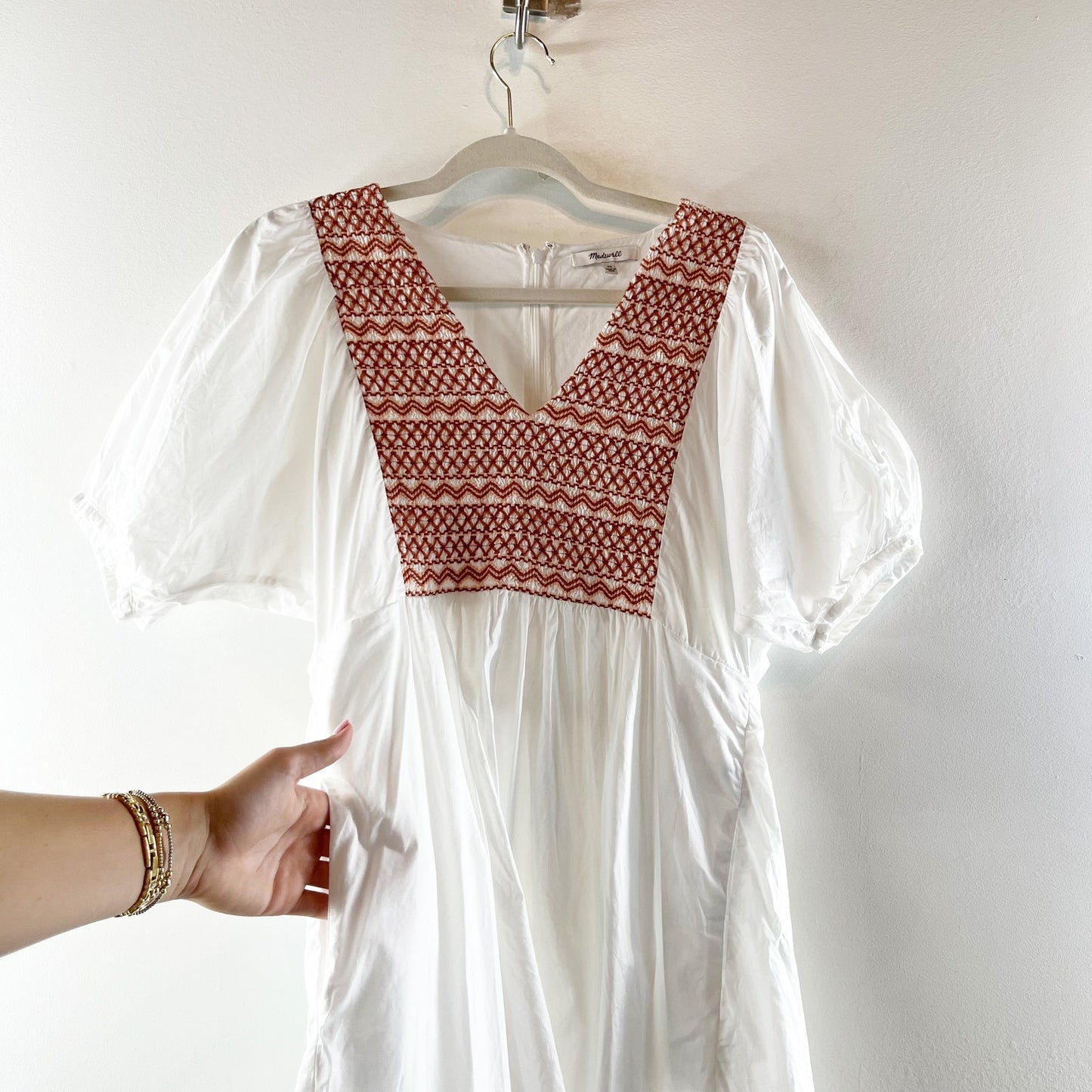 Madewell Embroidered V Neck Poplin Short Sleeve Mini Dress White XS