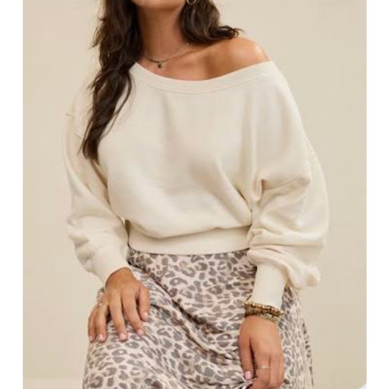 Aerie Long Sleeve Off The Shoulder Sweatshirt Cream Ivory Medium