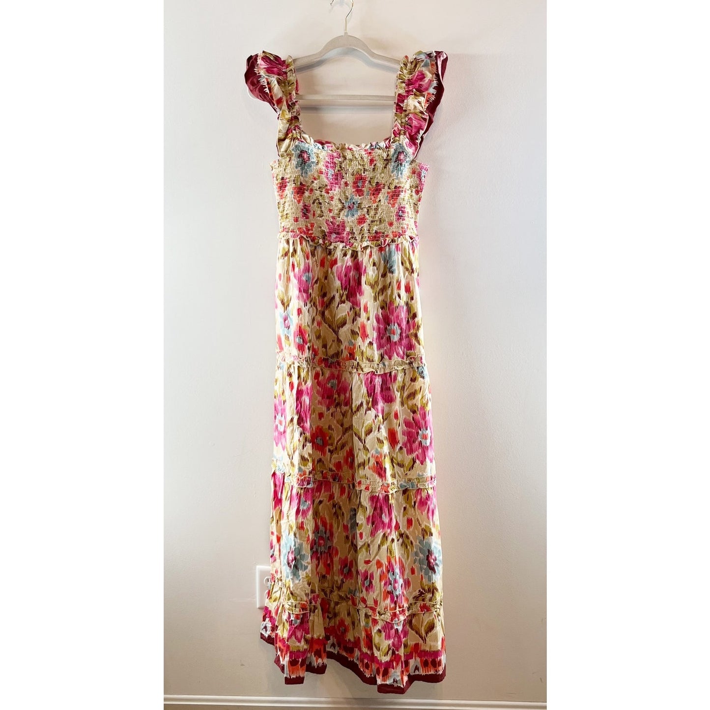 House of Harlow 1960 Zoey Floral Flutter Sleeve Smocked Maxi Dress Pink Multi L