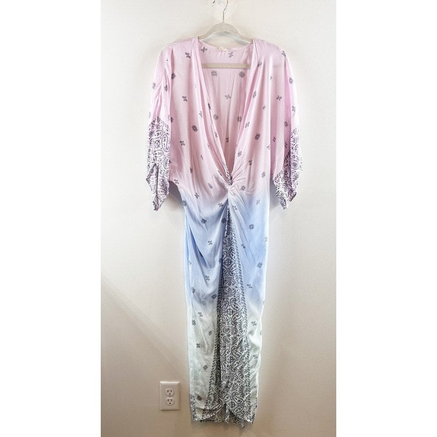 Surf Gypsy Short Sleeve Kimono Twist Front Kaftan Maxi Cover Up Dress Pink Blue