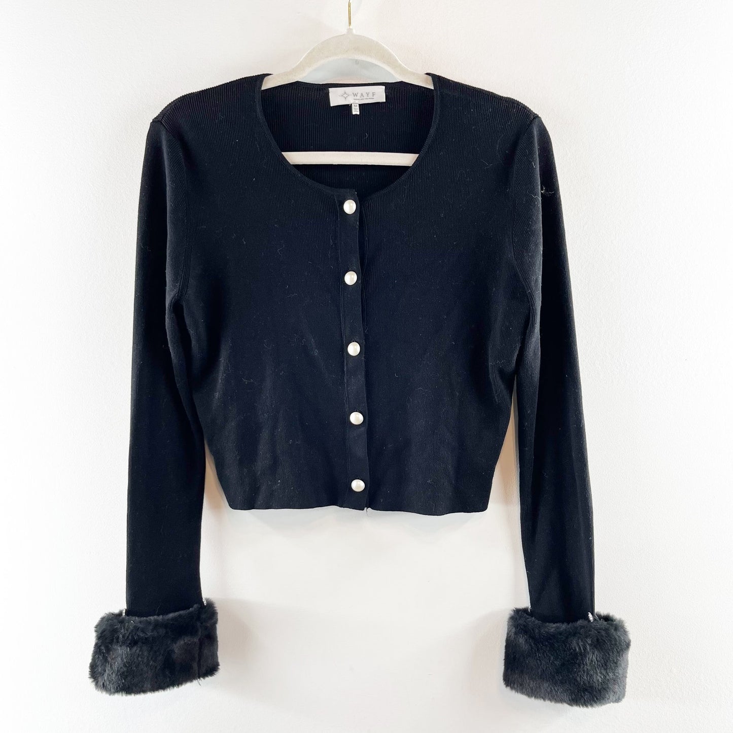 Wayf Long Sleeve Button Front Cropped Cardigan with Faux Fur Cuffs Black Medium