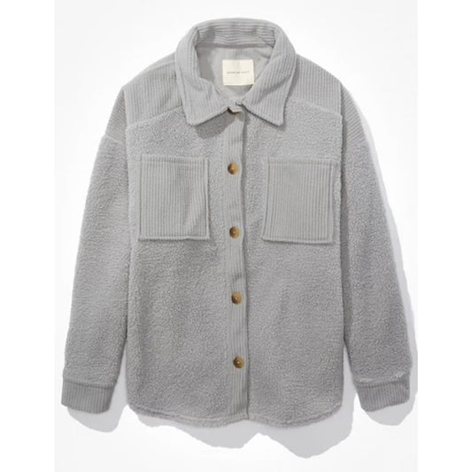 American Eagle Oversized Cozy Sherpa Jacket Shacket Gray XS