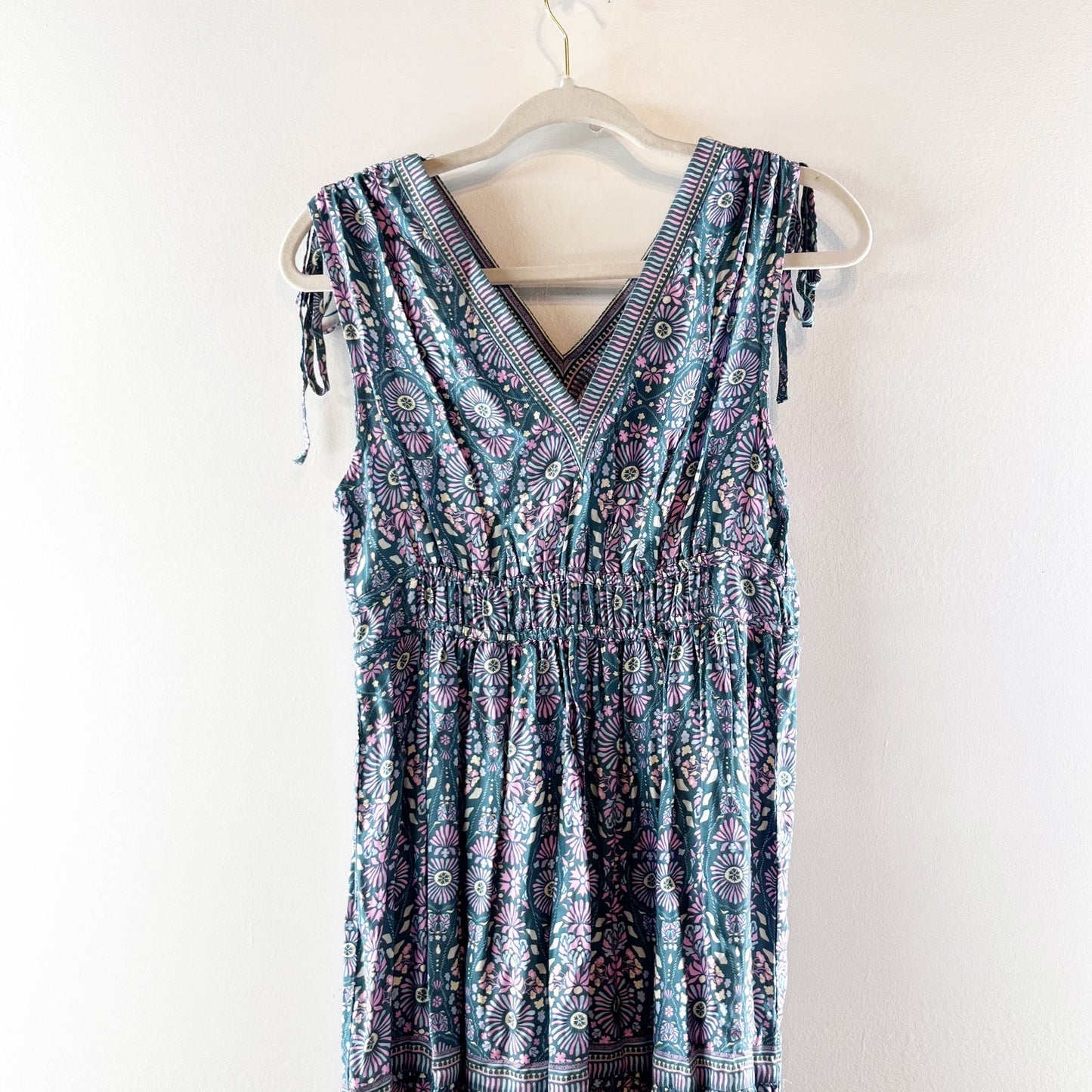 Joie V Neck Printed Tie Shoulder Maxi Dress Green Pink XS