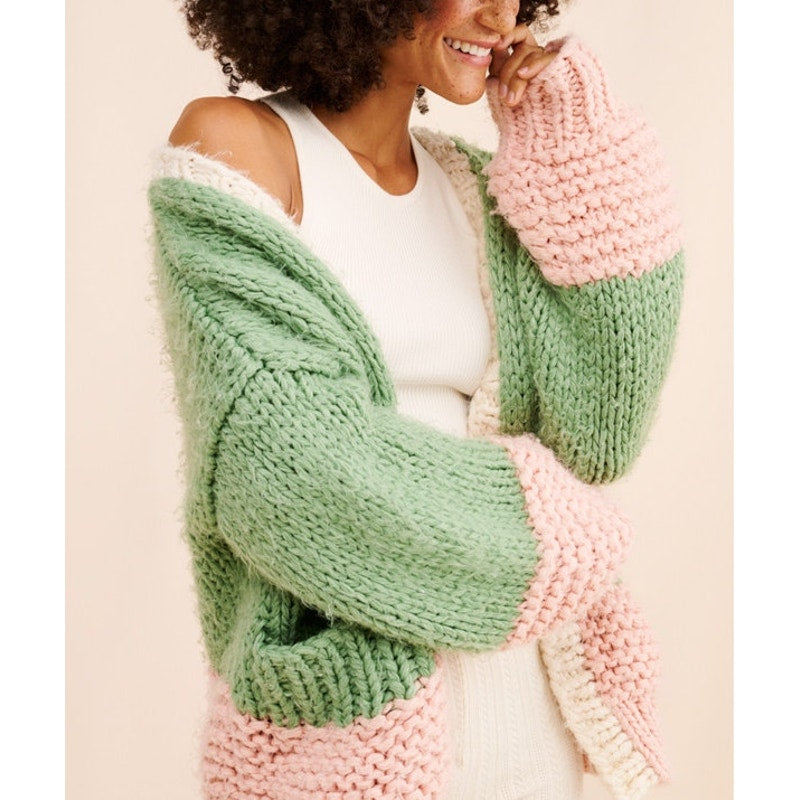Saachi Anthropologie Hand Knit Chunky Cardigan Colorblock Sweater Green Pink O/S