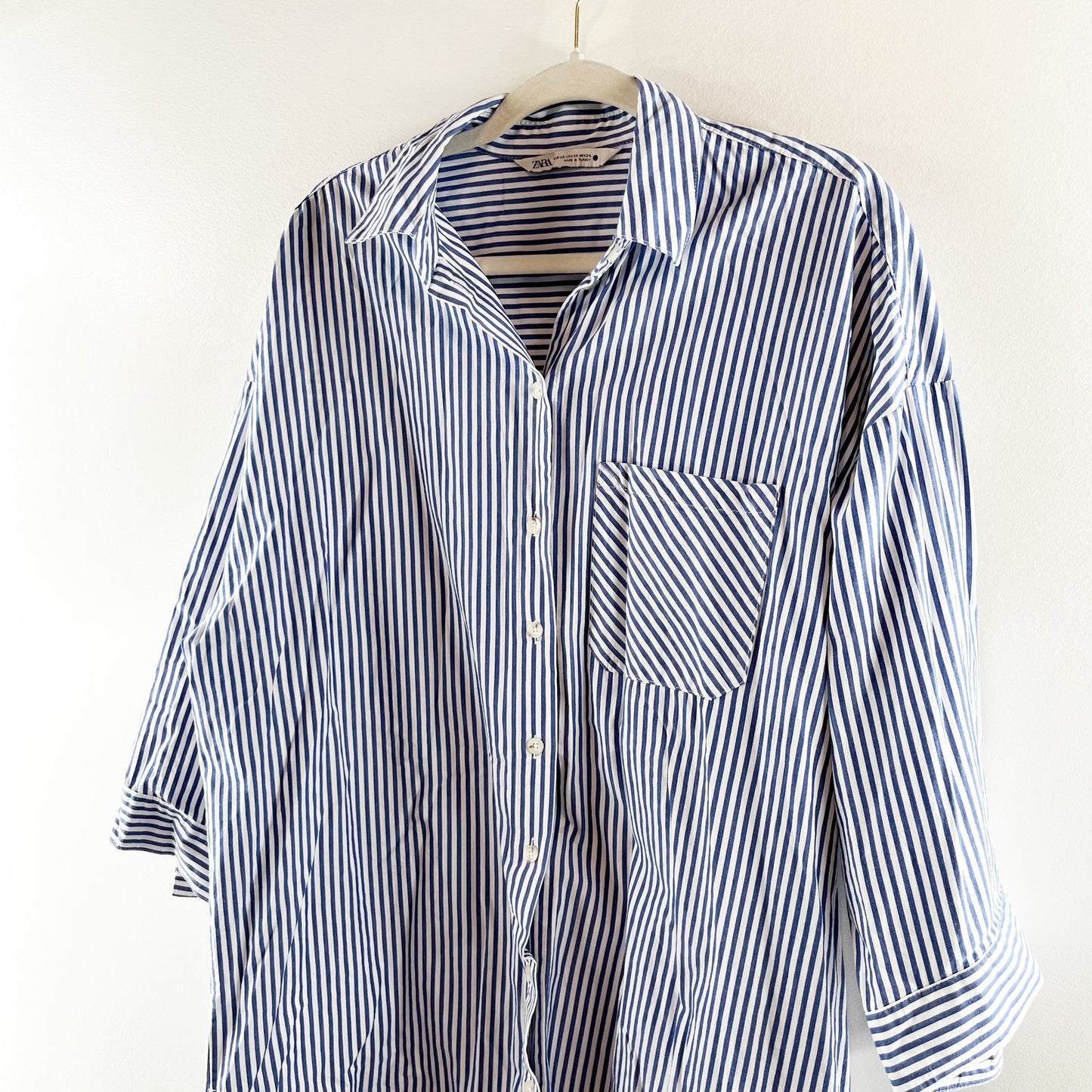 Zara Striped 3/4 Sleeve Oversized Poplin Tunic Button-Up Shirt Blue White XS