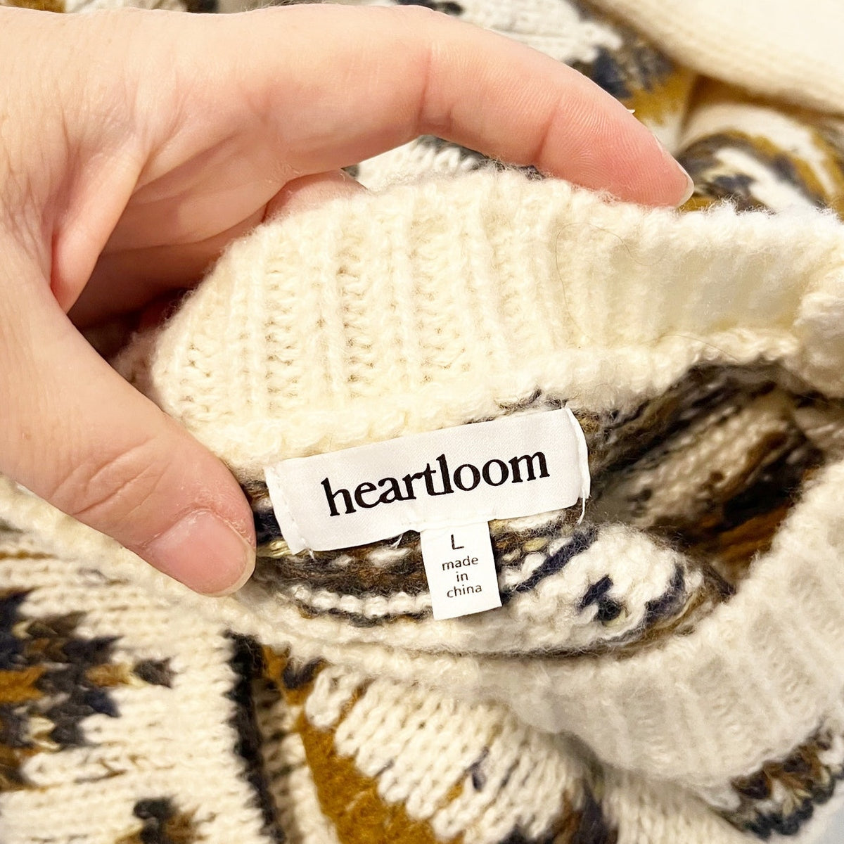 Heartloom Rae Fair Isle Crewneck Long Sleeve Pullover Sweater Cream Brown Large