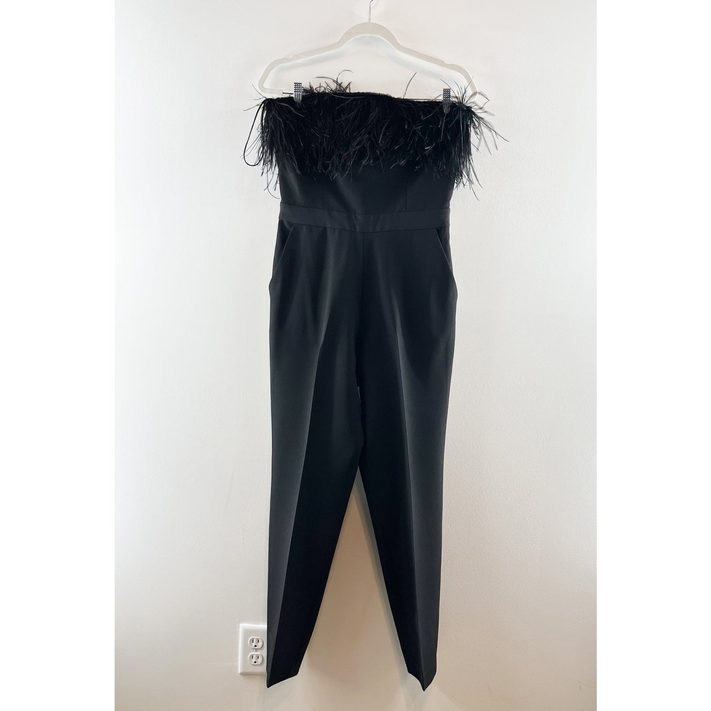 Saylor Janae Straight-Leg Strapless Jumpsuit with Feather Trim Black Medium