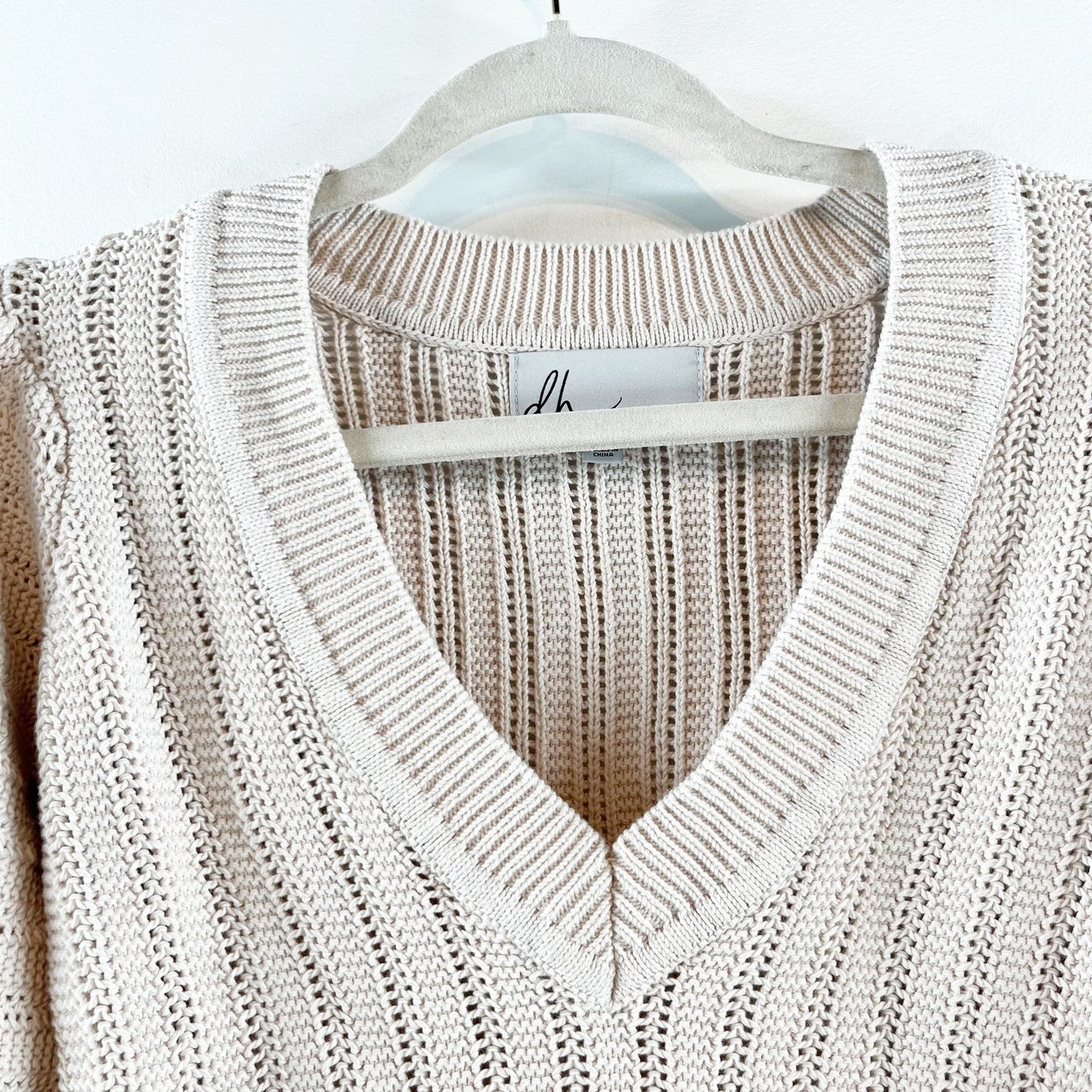 Design History Willow Cotton Puff Sleeve V-Neck Knit Pullover Sweater Cream S