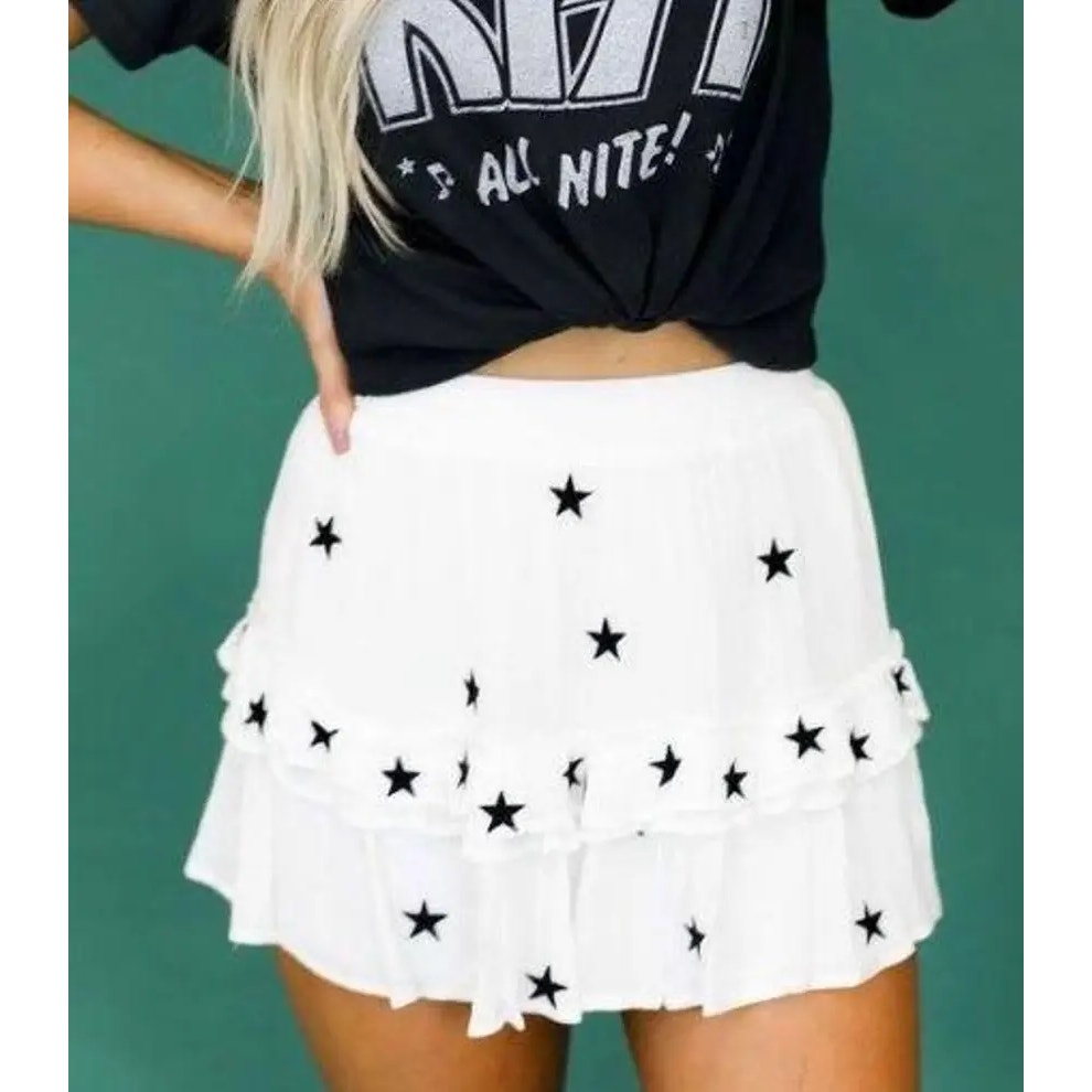 Storia Pull On Ruffle Tiered Star Print Mini Skirt White Black Medium