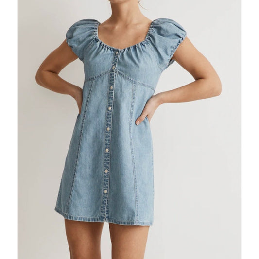 Madewell Denim Short Puff Sleeve Button Up Margie Mini Dress Bevy Wash Blue 12