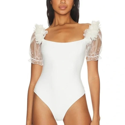 Free People Intimately Free Pretty Petals Puff Sleeve Thong Bodysuit White Large