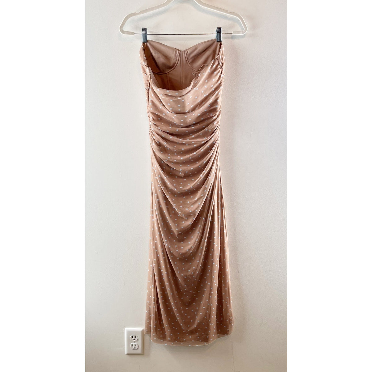 ZARA Strapless Polka Dot Tulle Ruched Slip Bodycon Maxi Dress Tan Beige Small