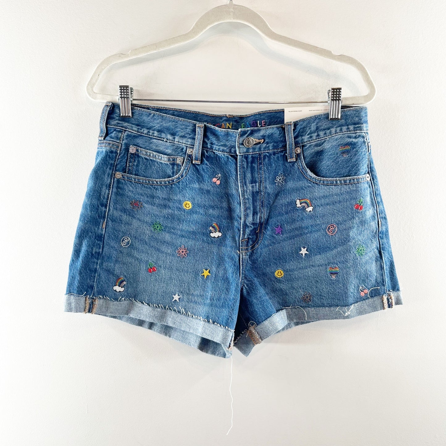 American Eagle Embroidered Cutoff 90's Boyfriend High Rise Jean Shorts Blue 10