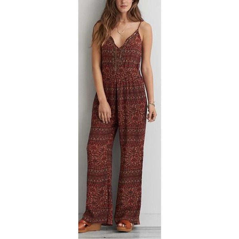 American Eagle Wide Leg Boho Print One Piece Sleeveless Jumpsuit Red Orange M