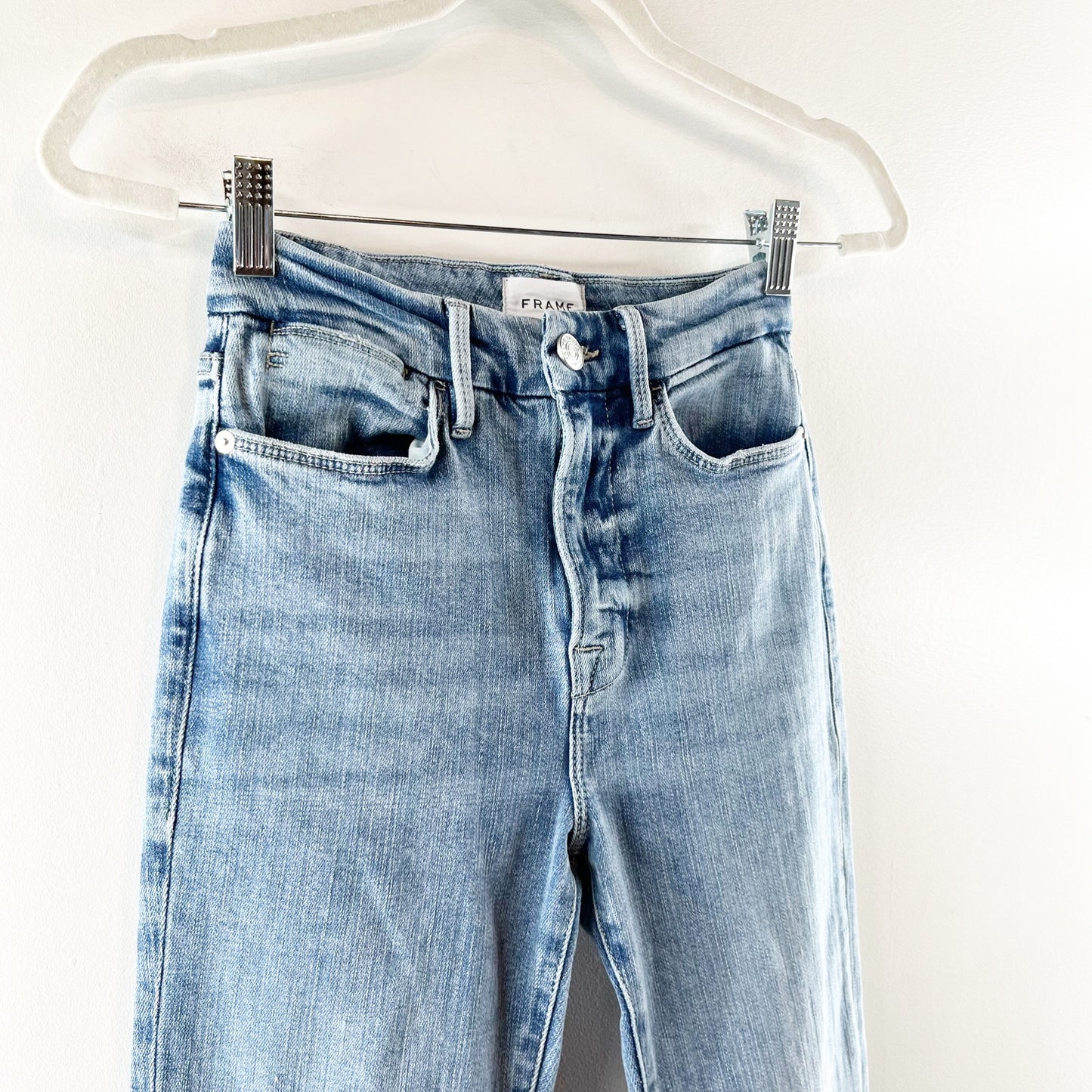 FRAME Le Super High Flare Raw Hem Frayed Jeans Blue 25 / 0