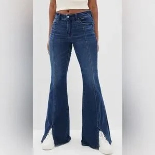 American Eagle High Rise Slit Hem Festival Flare Jeans Blue 12