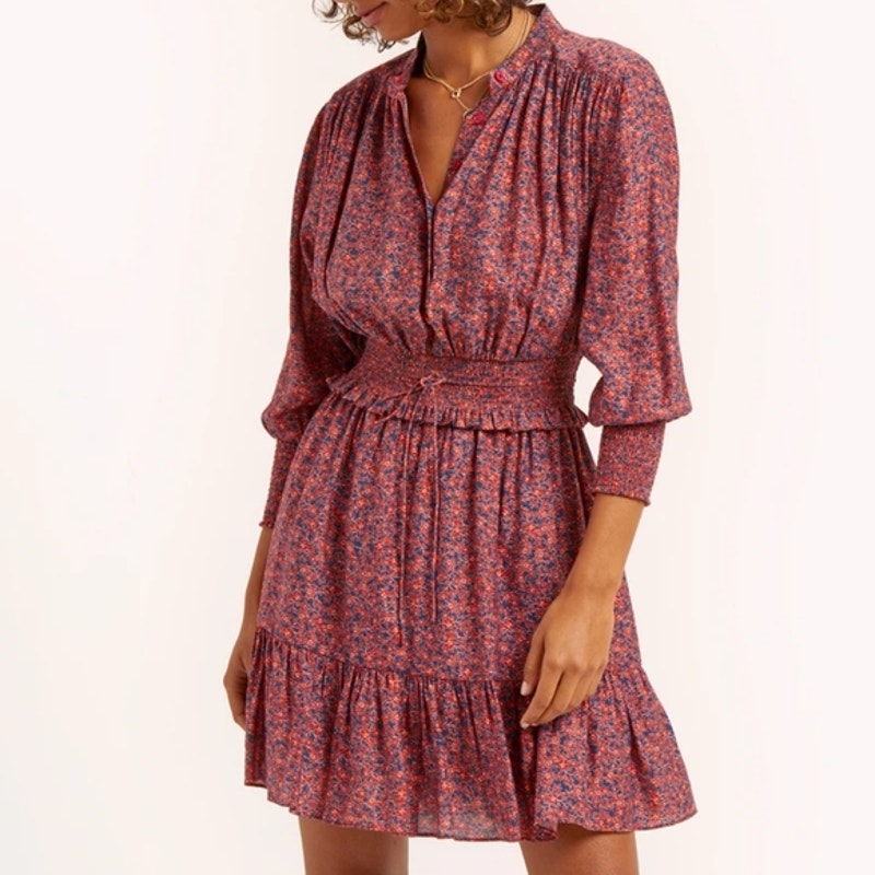 Rebecca Minkoff Chloe Floral 3/4 Sleeve Smocked Waist Mini Dress Maroon Medium