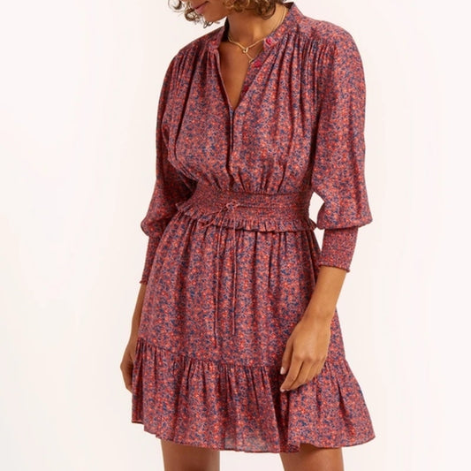 Rebecca Minkoff Chloe Floral 3/4 Sleeve Smocked Waist Mini Dress Maroon Medium
