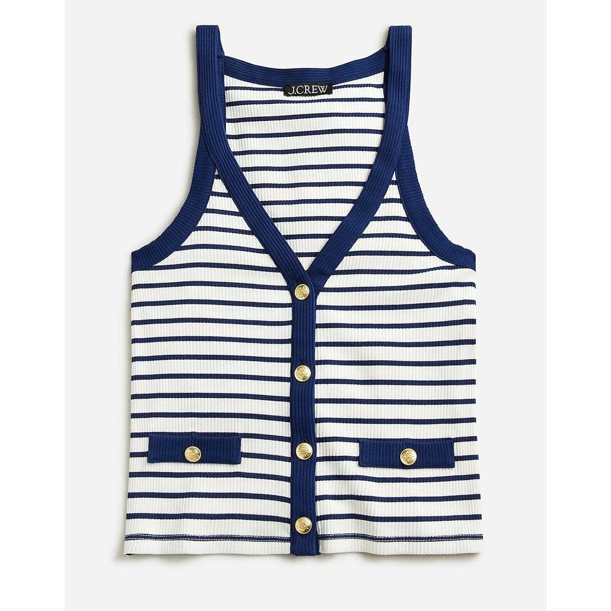 J. Crew Cotton Blend Striped Sleeveless Ribbed Tank Top White Blue XL