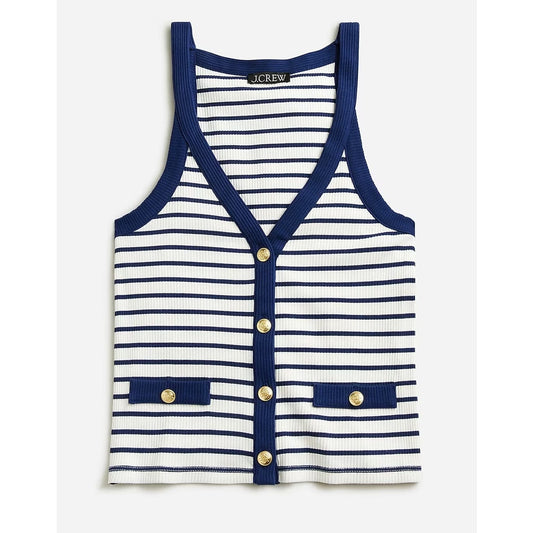J. Crew Cotton Blend Striped Sleeveless Ribbed Tank Top White Blue XL