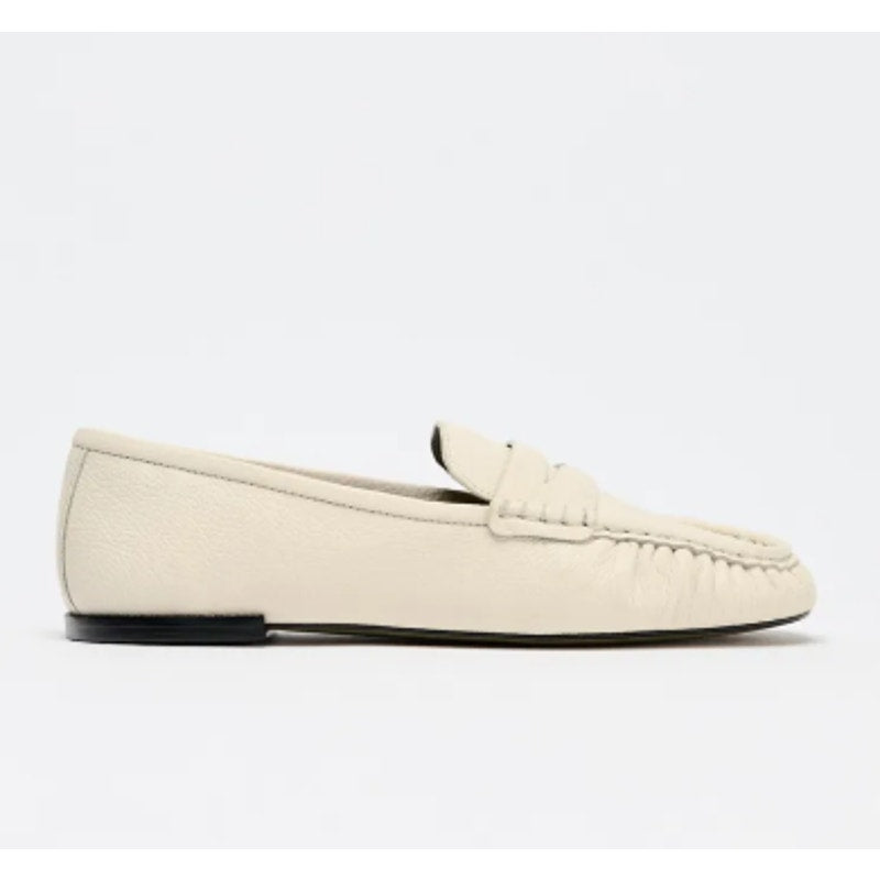Zara Ruched Leather Slip On Penny Loafers Flat Cream 39 US 8.5