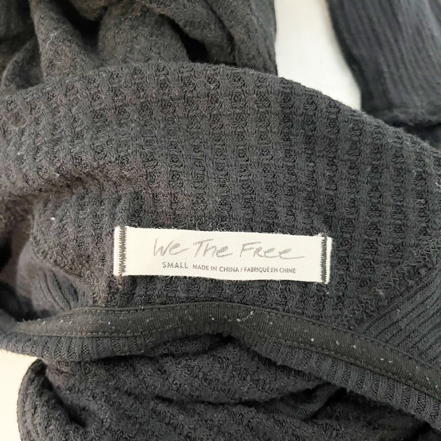 Free People Santa Clara Thermal Waffle Long Sleeve V Neck Top Shirt Black Small