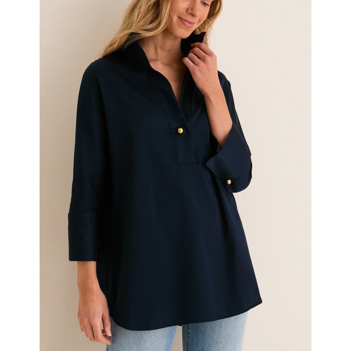 Tuckernuck Willow 3/4 Sleeve Tunic V Neck Blouse Top Shirt Navy Blue Small
