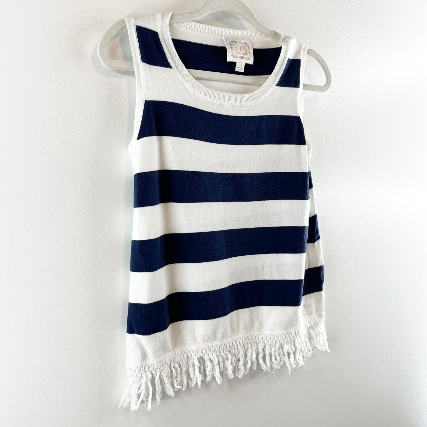 Sail to Sable Hydna Fringe Trim Striped Sweater Tank Top White Blue XS