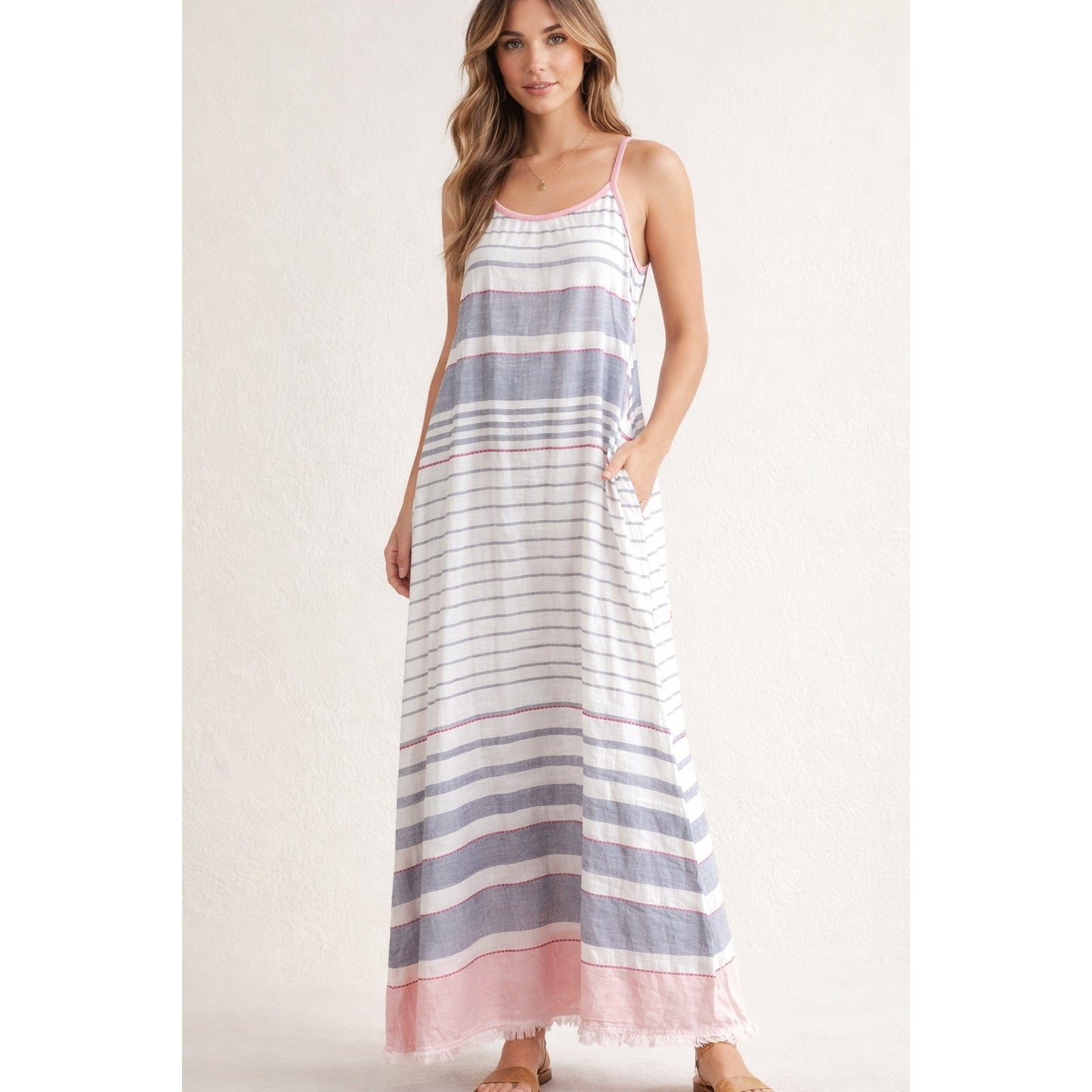 Lula Soul Sleeveless Striped Fringe Hem Cotton Maxi Dress White Blue Pink Large