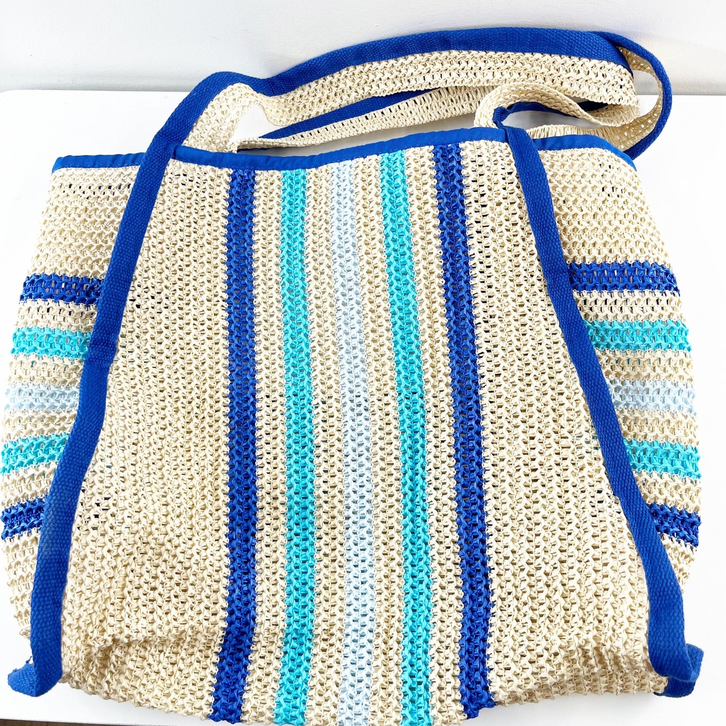 Styline Crochet Striped Beach Tote Bag Tan Blue