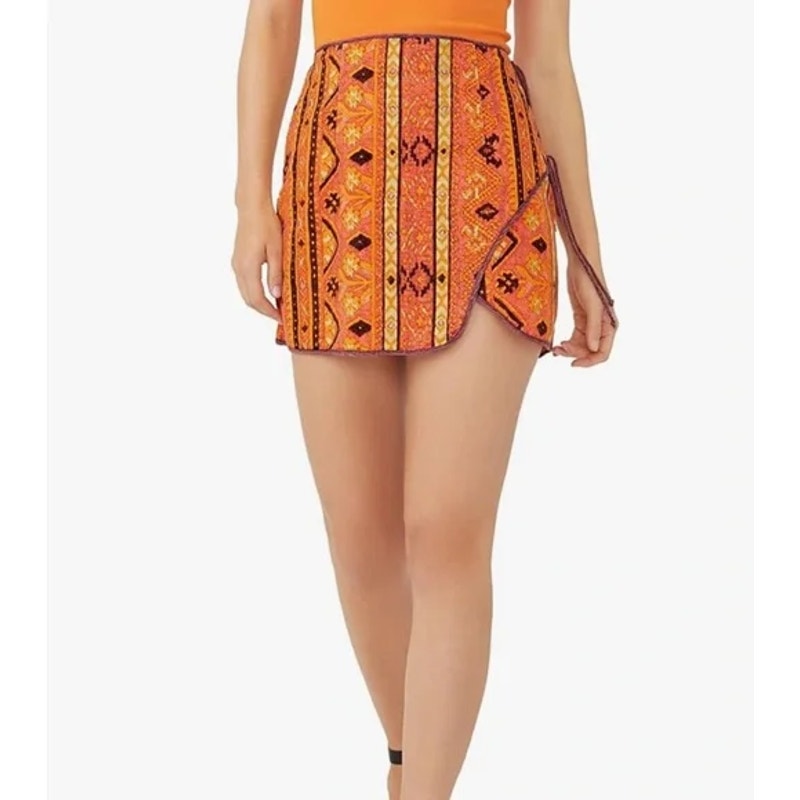 Free People Cleo Printed High Waisted Tie Side Mini Wrap Skirt Orange 8
