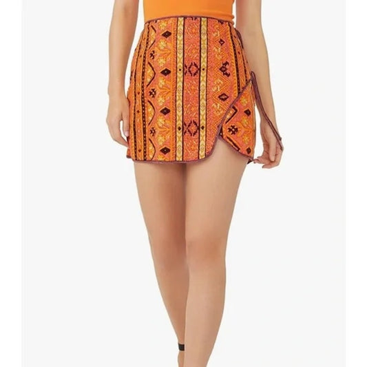 Free People Cleo Printed High Waisted Tie Side Mini Wrap Skirt Orange 8