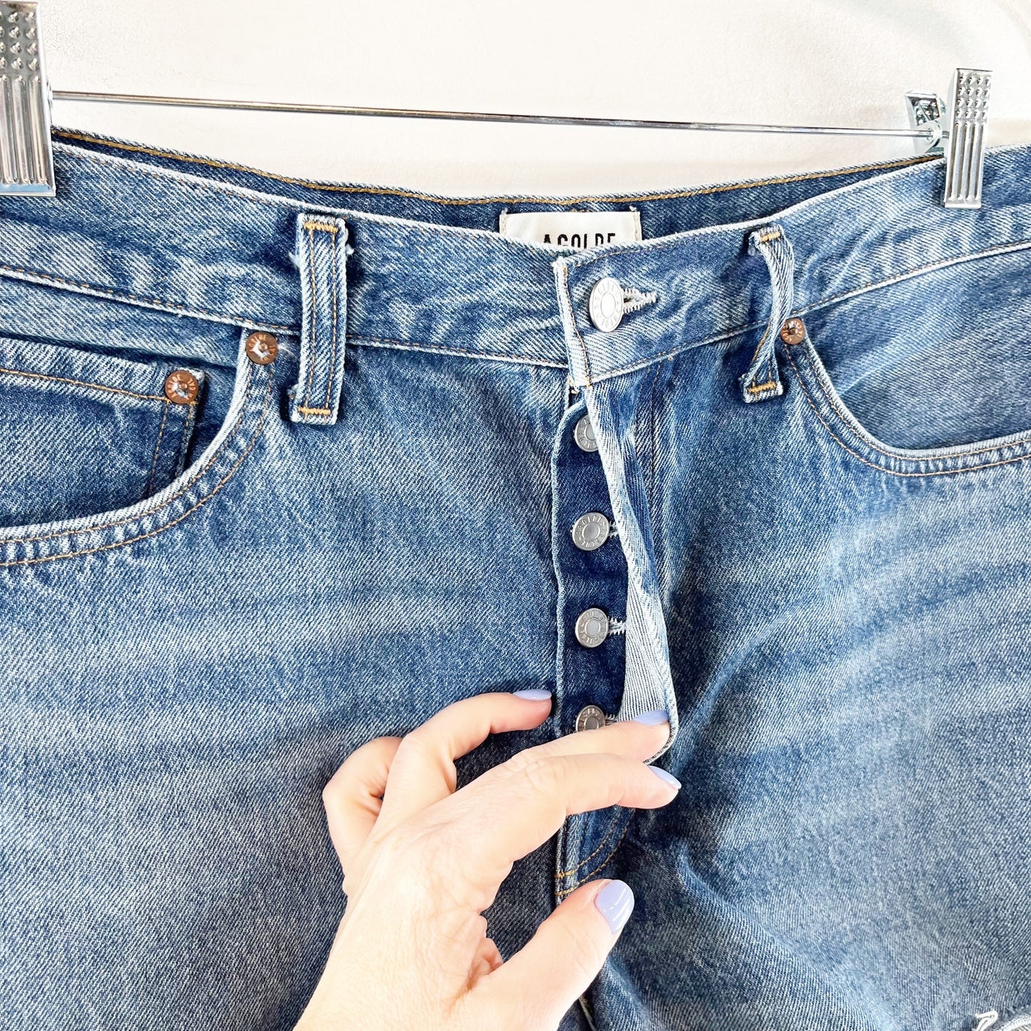 AGOLDE High Rise Button Fly Cutoff Parker Long Jean Denim Shorts Blue 31