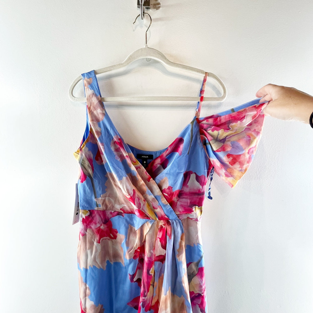 Aqua Floral Satin Burnout Sleeveless V-Neck Maxi Dress Blue Multi Large