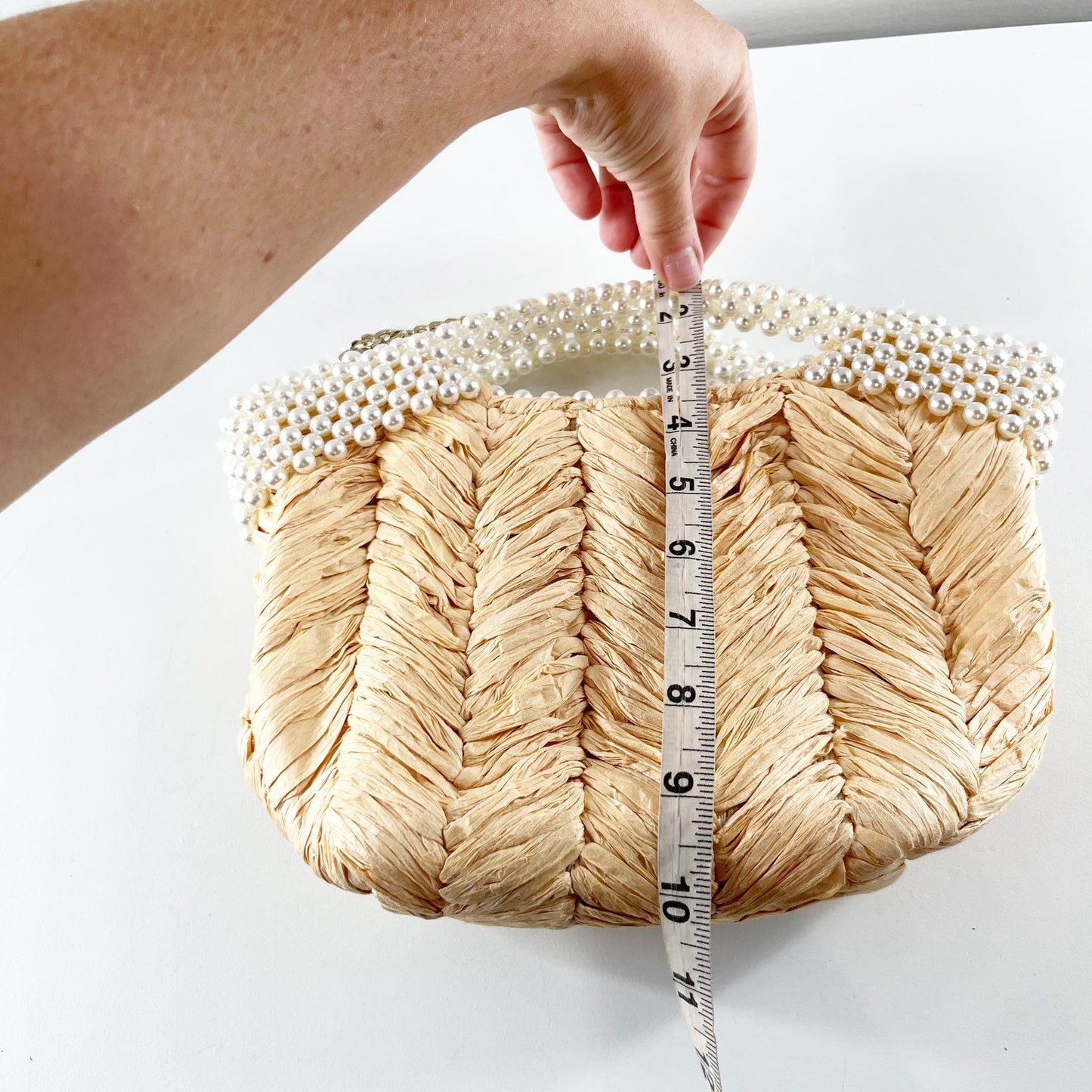 Zara Faux Beaded Basket Handbag Purse with Chain Crossbody Strap Natural Tan